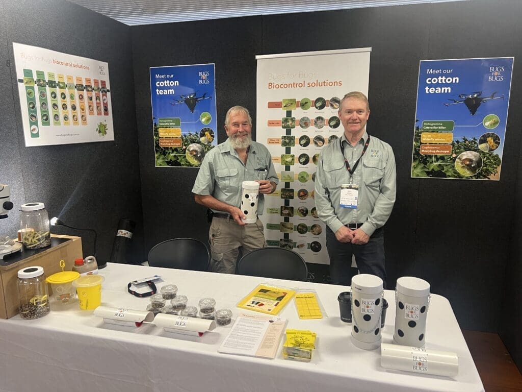 Dan Papacek and David Loxley represent Bugs for Bugs at a cotton industry trade show